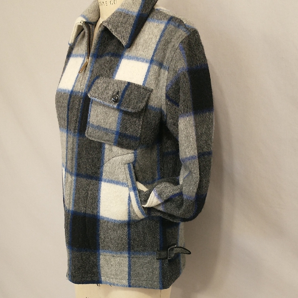 Vintage Woolrich Plaid Jacket Gray White Blue Thick Wool Unisex Pockets SeeMeasu